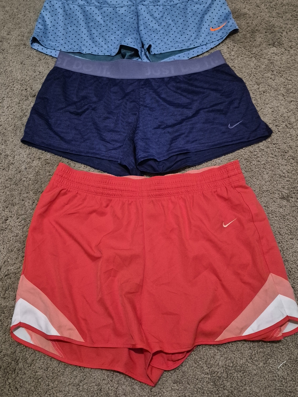 Nike Women's Multi-Pack Running Shorts — Red, Navy & Light Blue Sz L